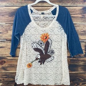 We The Free lace 3/4 sleeve tunic with eagle embroidery.